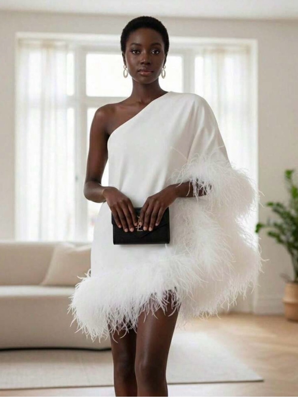 One-Shoulder Fur Trim Mini Dress - White
